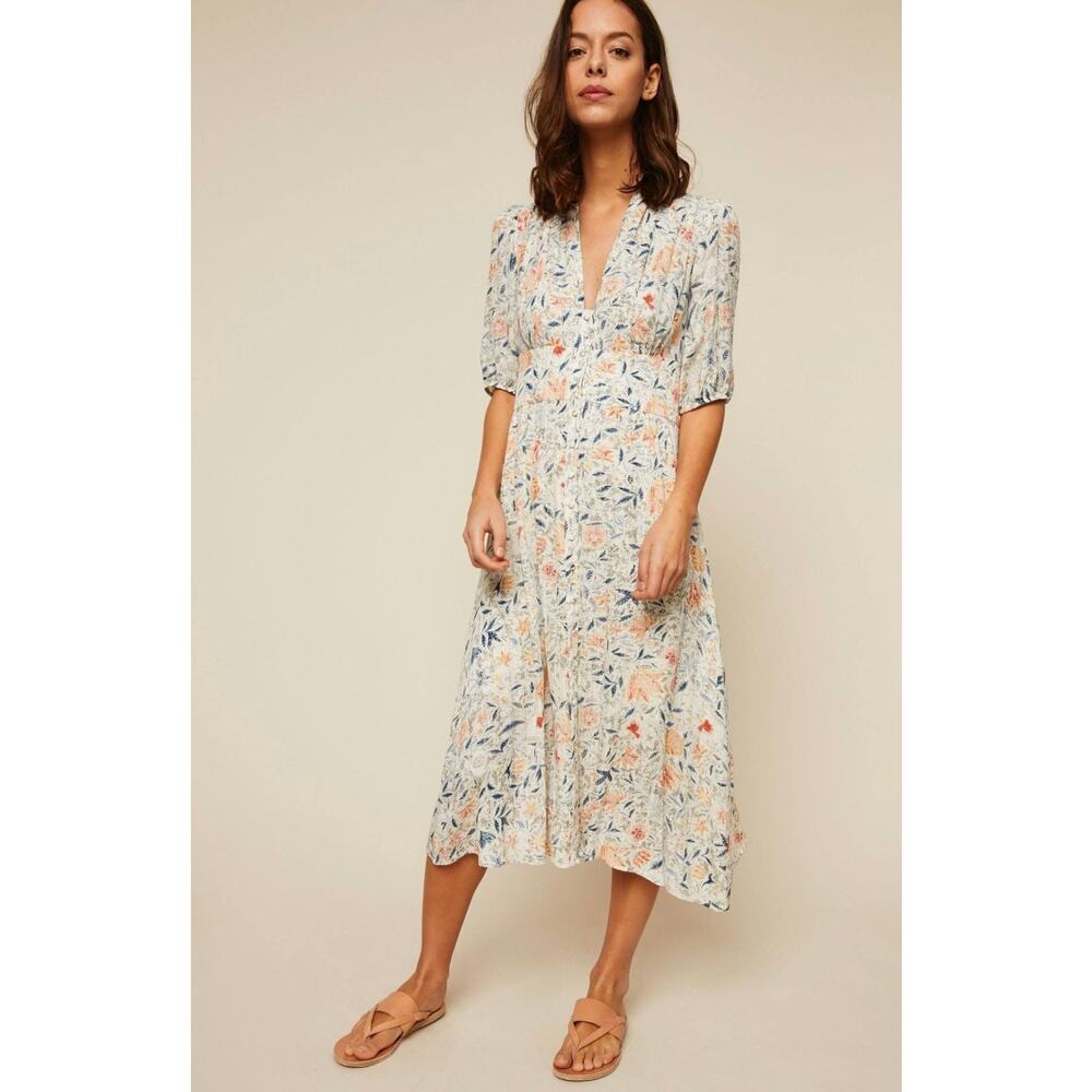 ba&sh Cream Floral Midi Dress with Blue and Peach Print